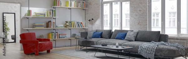 Fototapeta Large luxury modern bright interiors Living room mockup illustration 3D rendering computer digitally generated image