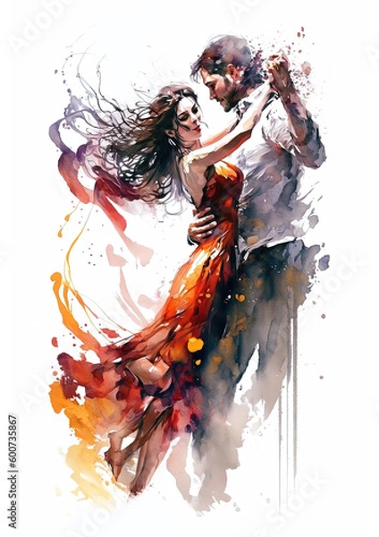 Obraz AI-generated watercolor painting of a couple, a man dressed in a white shirt and a woman in a light red dress, dancing happily together holding each other
