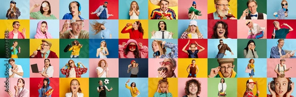 Fototapeta Collage made of portraits of happy emotional people of different age and gender posing over multicolored background. Concept of human emotions, youth, lifestyle, facial expression. Ad