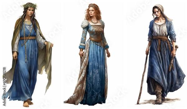 Fototapeta Watercolour isolated illustration of an ancient medieval pagan woman. Magical, fantasy herbalist witch, Natural and realistic. Set no 2.
