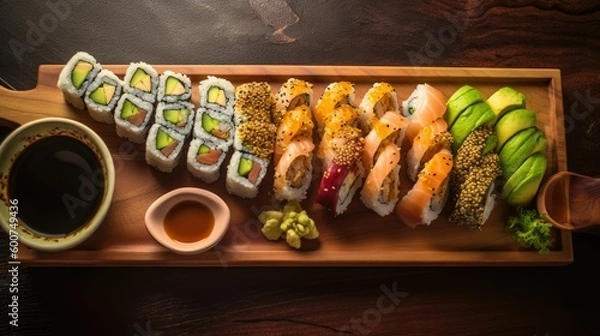 Fototapeta sushi platter with a variety of rolls. Generative AI