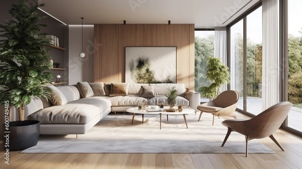 Fototapeta Empty wall, mockup, Interior of modern living room with wooden walls, wooden floor, comfortable beige sofa and coffee table. Generative AI.