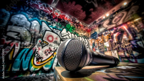 Obraz Microphone in front of a graffiti wall. Selective focus. Generative AI.