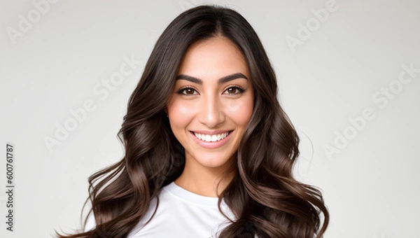 Obraz Arabic woman with brown hair looking at camera. Empty background with copy space. Generative AI.