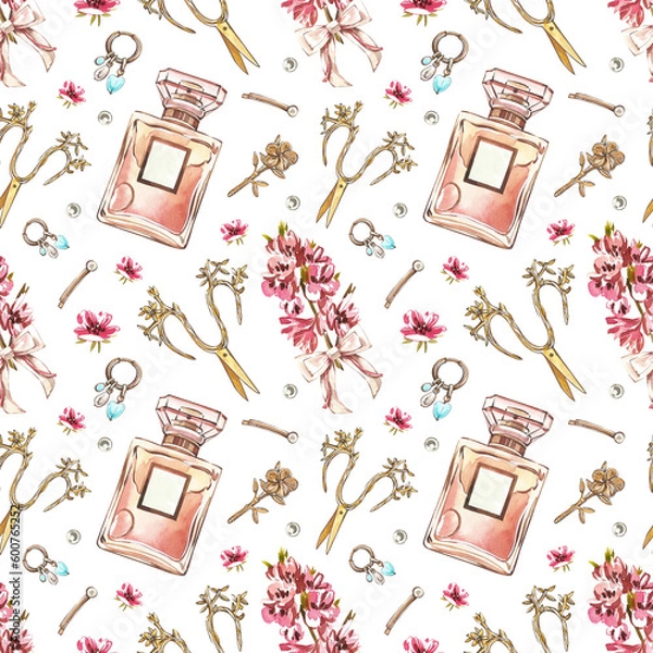 Fototapeta Seamless pattern glass perfume bottle, scissors, hairpin, flower isolated on white. Watercolor hand drawing illustration