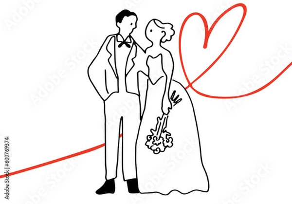 Obraz 結婚式のカップルのイラスト（白の塗りがある線画）
