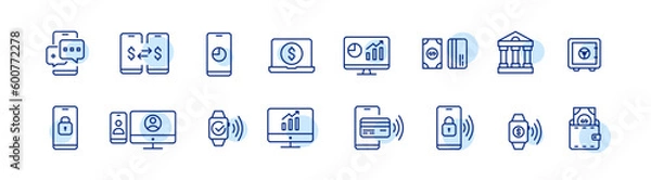 Fototapeta Contactless payment using NFC technology. Smartphone, smart watch, wallet and p2p transactions. Pixel perfect, editable stroke icons