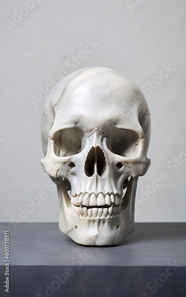 Fototapeta Refined marble skull depiction, radiating an ethereal glow, set against a deep background, embodying the blend of art and anatomy.