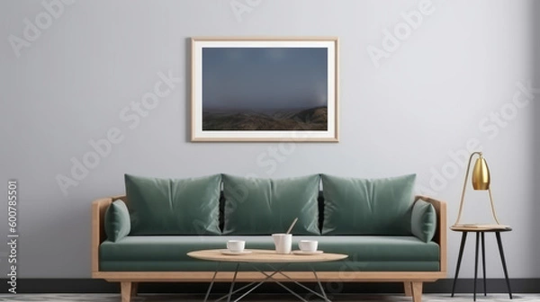 Obraz Mockup of poster frame in living room. Illustration AI Generative.