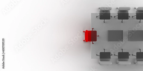 Fototapeta Top view on a rectangular glass office meeting table with one red boss leather chair, many ohter chairs around of a conference room. 3D rendering business illustration design background, copy space.