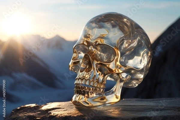 Fototapeta Glistening Crystal Skull on Mountain Peak - Generative AI