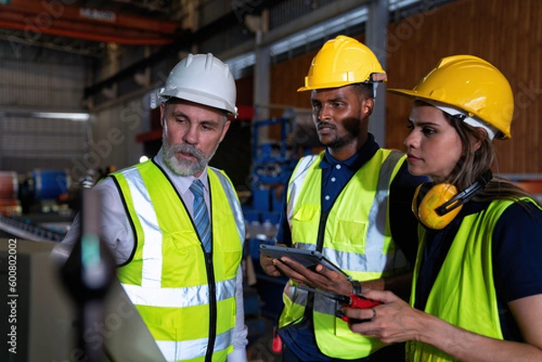 Fototapeta Plant manager visit engineer in factory at production line discuss on quality assurance improvement