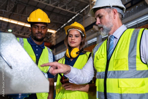 Obraz Kierownik zakładu Odwiedź inżynier w fabryce na linii produkcyjnej Omów o poprawie zapewnienia jakości