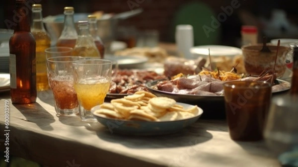 Fototapeta Backyard BBQ With Drinks And Plates