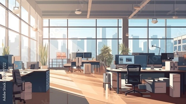 Fototapeta vector illustration of a modern, open-plan office space with collaborative workstations and natural light