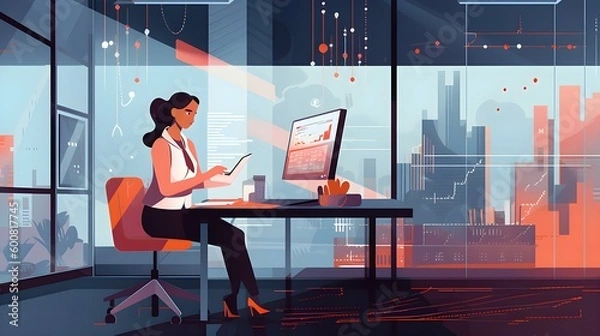 Fototapeta A vector illustration of a businesswoman using a tablet to analyze data in a modern office space