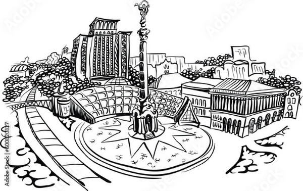Fototapeta Independence Square, Kyiv, Ukraine. The main square of the country with a triumphal column. Black and white monochrome drawing