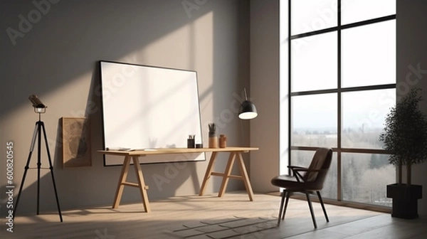 Fototapeta luxury modern bright interiors Living room, Workspace with mockup  interiors Living room,
Idea of a white empty  room interior ,Generative AI 