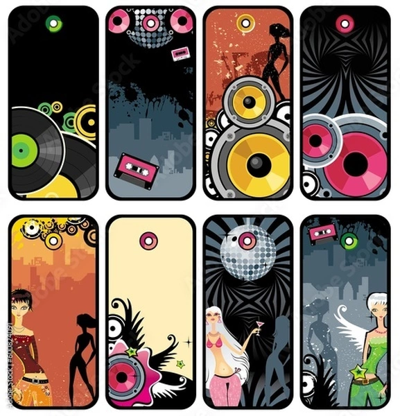 Fototapeta Vector Illustration on a musical theme with loudspeakers, banner & frame for text.