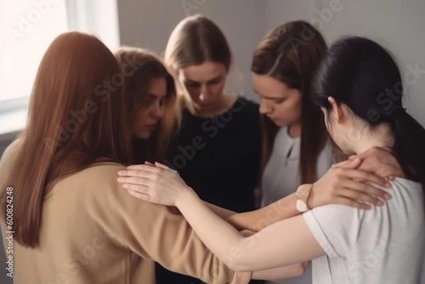 Fototapeta A group of women pray in a circle, selective focus, Generative AI