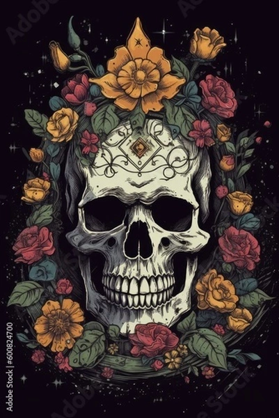 Fototapeta Cartoon Floral crown skull Tshirt design. Generative AI