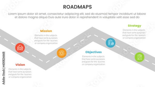 Fototapeta business roadmaps process framework infographic 3 stages with turning road and light theme concept for slide presentation
