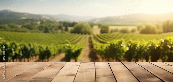 Fototapeta Wooden floor with blurred french vineyard background. Generative AI
