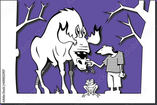 Fototapeta Relationships between wild life and a human being in a modern world. Caricature. The man picking the huge elk nose, frog sitting between them.