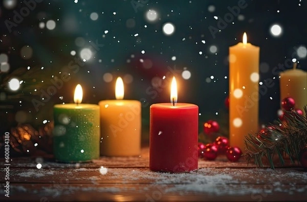 Fototapeta Burning candle and Christmas decoration over snow and wooden background. Generative Ai.