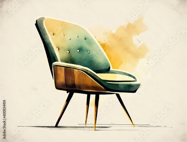 Obraz Watercolor illustration of comfy mid century modern chair. Generative ai seat design