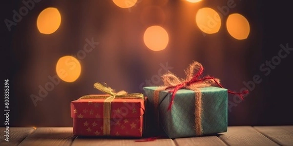 Fototapeta Christmas presents wrapped in red paper with gold ribbon on wooden table background and bokeh. Place for typography and logo. Copy space. Generative Ai.