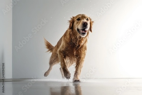 Fototapeta Group portrait photography of an aggressive golden retriever shaking off water after swimming against a minimalist or empty room background. With generative AI technology