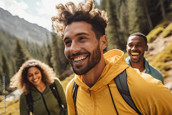 Obraz a group of friends hiking on a mountain, generative AI