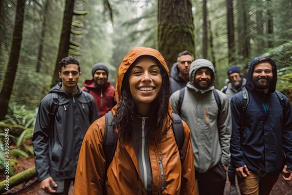 Fototapeta a group of friends hiking in a forest, generative AI