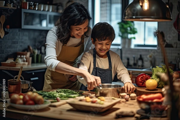 Obraz a mother and her son cooking together, generative AI