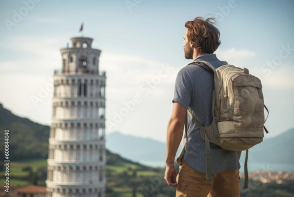Fototapeta a man visiting a famous tower in his trip, generative AI
