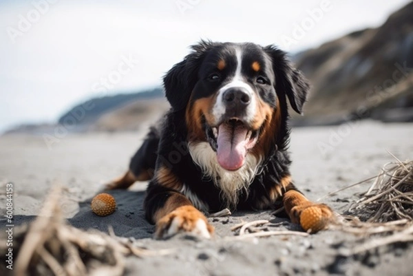 Fototapeta Medium shot portrait photography of a happy bernese mountain dog having a toy in its mouth against a beach background. With generative AI technology