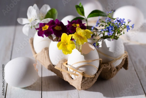 Fototapeta Easter eggs with spring flowers inside on tray.Happy easter background. Easter centerpiece.