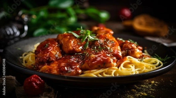 Fototapeta Dark plate with italian spaghetti on dark