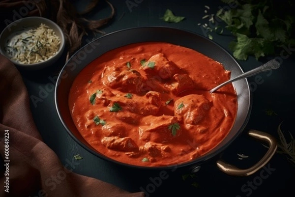 Fototapeta butter chicken with aromatic spices and creamy tomato-based sauce