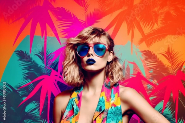 Obraz pop art collage of a blonde model girl with peculiar sunglasses on a palm tree summer vibe background, colorful abstract theme concept, generative ai illustration