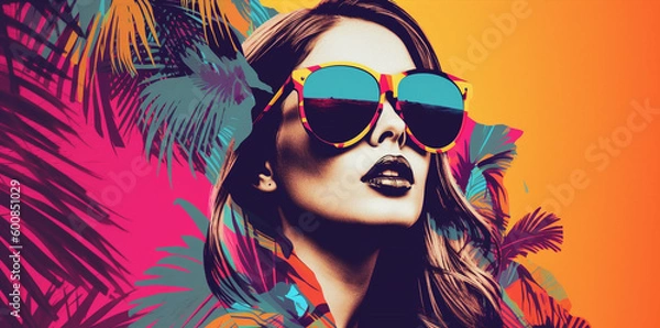 Fototapeta pop art collage of a brunette model girl with peculiar sunglasses on a palm tree summer beach vibe background, colorful abstract theme concept, generative ai illustration