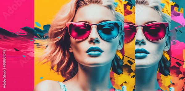 Fototapeta pop art collage of a blonde model girl with peculiar sunglasses on a palm tree summer vibe background, colorful abstract theme concept, generative ai illustration