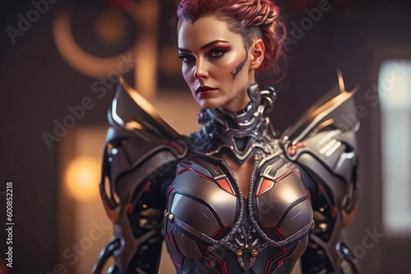 Fototapeta Portrait of beautiful young cyborg woman with red hair in futuristic armor. Generative ai