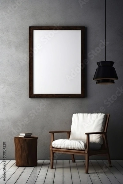 Fototapeta Blank picture frame mockup on gray wall. White living room design. generative AI