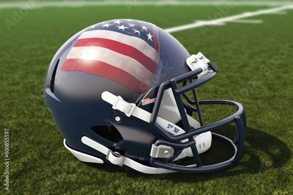 Fototapeta American football helmet with American flag, stadium and grass, digital illustration. Generative AI