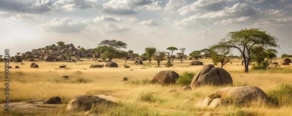 Obraz African savannah landscape with acacia trees and sky. Generative ai grassy savannah view