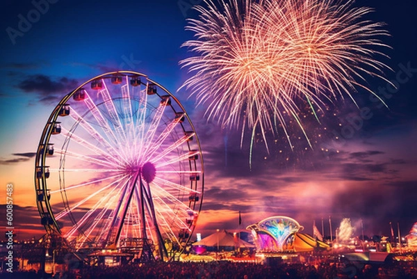 Fototapeta ferris wheel at night with fireworks in the sky made with generative ai