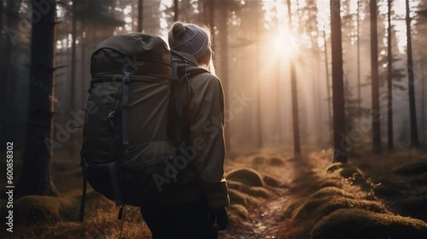 Fototapeta Traveler with a backpack in the forest on a foggy morning. Generated ai.