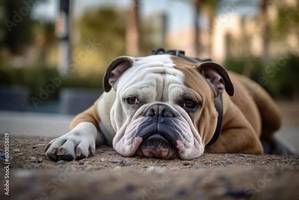 Fototapeta Full-length portrait photography of an aggressive bulldog lying down against dog parks background. With generative AI technology